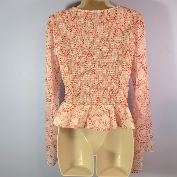 BCBGeneration peplum bell long sleeve sweetheart sheer white red valentines top - Picture 6 of 12